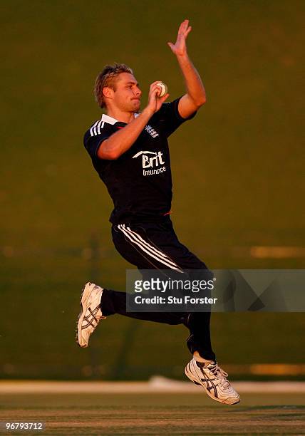 England bowler Luke Wright in action during the Twenty20 Friendly Match between England and England Lions at Sheikh Zayed stadium on February 17,...