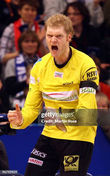 Hamburg's goalkeeper Johannes Bitter celebrates during the Bundesliga match between HSV Hamburg and Rhein Neckar Loewen at the Color Line Arena on...