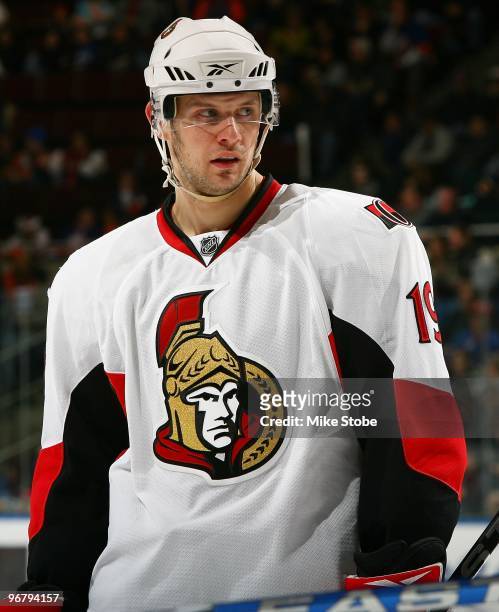 Jason Spezza of the Ottawa Senators skates against the New York Islanders on February 14, 2010 at Nassau Coliseum in Uniondale, New York.