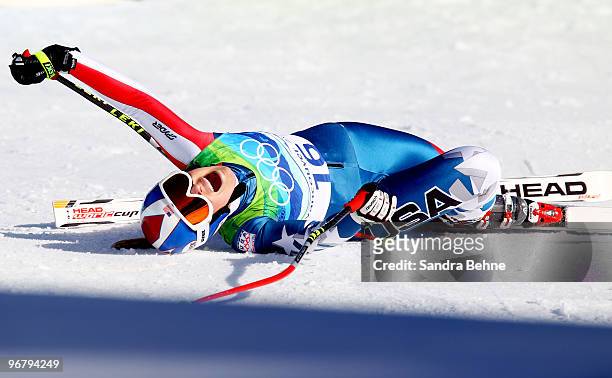 Lindsey Vonn of the United States screams after completing the Alpine Skiing Ladies Downhill on day 6 of the Vancouver 2010 Winter Olympics at...
