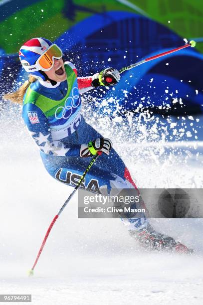 Lindsey Vonn of the United States reacts after competing during the Alpine Skiing Ladies Downhill on day 6 of the Vancouver 2010 Winter Olympics at...