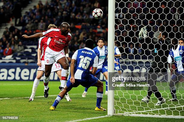 Sol Campbell of Arsenal heads his teams first goal of the game during the UEFA Champions League last 16 first leg match between FC Porto and Arsenal...