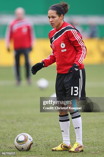 Celia Okoyino da Mbabi of Germany warms up before the Women's international friendly match between Germany and North Korea at the MSV Arena on...