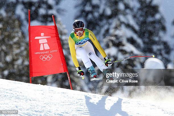 Maria Riesch of Germany competes during the Alpine Skiing Ladies Downhill on day 6 of the Vancouver 2010 Winter Olympics at Whistler Creekside on...