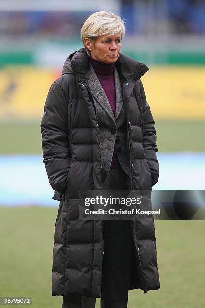 National coach Silvia Neid of Germany is seen during the Women's international friendly match between Germany and North Korea at the MSV Arena on...