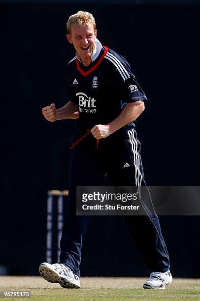 England Lions bowler Steve Kirby celebrates a wicket during the Twenty20 Friendly Match between England and England Lions at Sheikh Zayed stadium on...