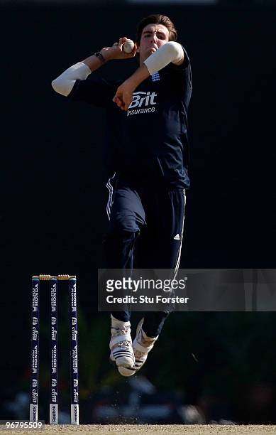 England Lions bowler Steven Finn in action during the Twenty20 Friendly Match between England and England Lions at Sheikh Zayed stadium on February...