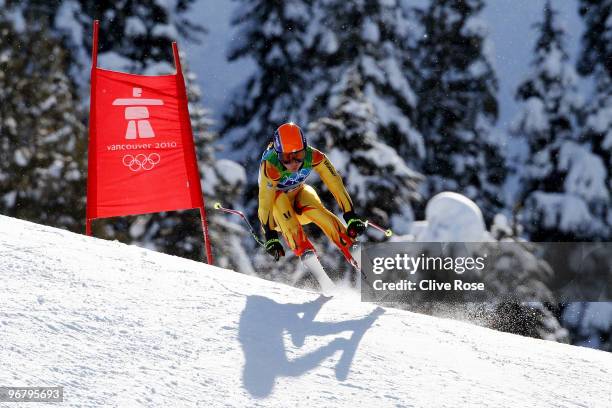 Edith Miklos of Romania competes during the Alpine Skiing Ladies Downhill on day 6 of the Vancouver 2010 Winter Olympics at Whistler Creekside on...