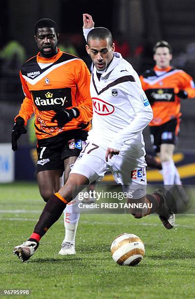 Bordeaux's midfielder Wendel vies with Lorient's midfielder Makendo Arnold Vuemba during the French League Cup football match Lorient vs Bordeaux on...