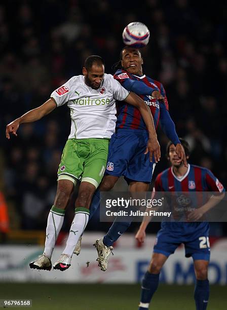Jimmy Kebe of Reading battles for a header with Neil Danns of Palace during the Coca-Cola Championship match between Crystal Palace and Reading at...