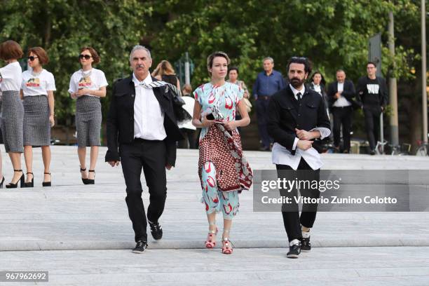 Carlo Capasa, Stefania Rocca and Ennio Capasa arrive at Convivio 2018 on June 5, 2018 in Milan, Italy.