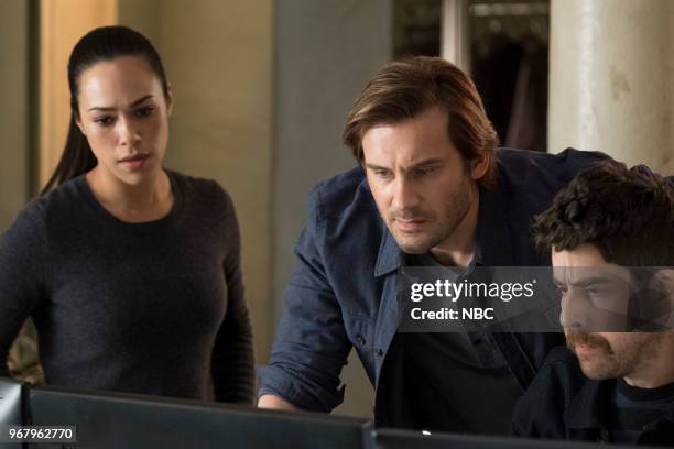 Episode 213 -- Pictured: Jessica Camacho as Santana, Clive Standen as Bryan Mills, Adam Goldberg as Kilroy --