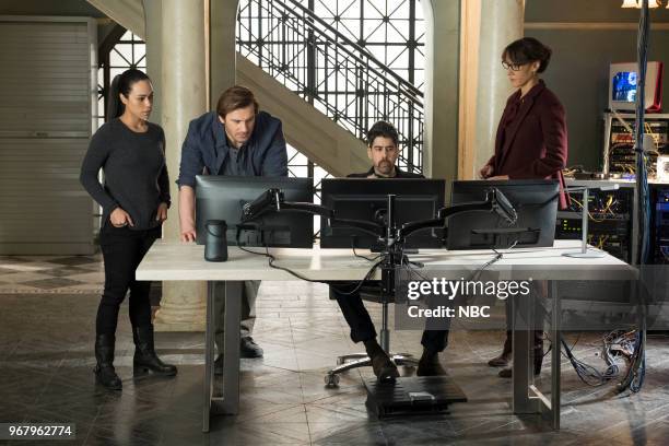 Episode 213 -- Pictured: Jessica Camacho as Santana, Clive Standen as Bryan Mills, Adam Goldberg as Kilroy, Jennifer Beals as Christina Hart --