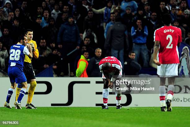 Sol Campbell of Arsenal looks dejected after his pass back to goalkeeper Lukasz Fabianski is given an indirect freekick which Porto go on to score...
