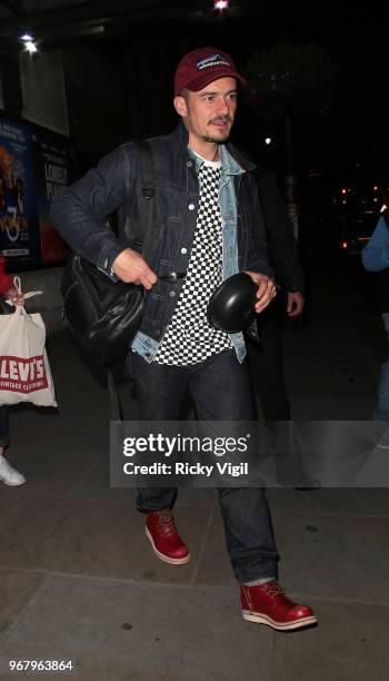 Orlando Bloom seen leaving Trafalgar Studios after his performance in 'Killer Joe' on June 5, 2018 in London, England.