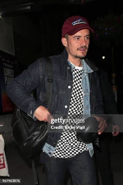 Orlando Bloom seen leaving Trafalgar Studios after his performance in 'Killer Joe' on June 5, 2018 in London, England.