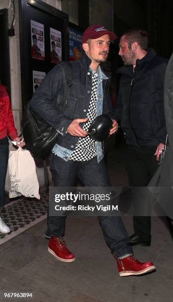 Orlando Bloom seen leaving Trafalgar Studios after his performance in 'Killer Joe' on June 5, 2018 in London, England.