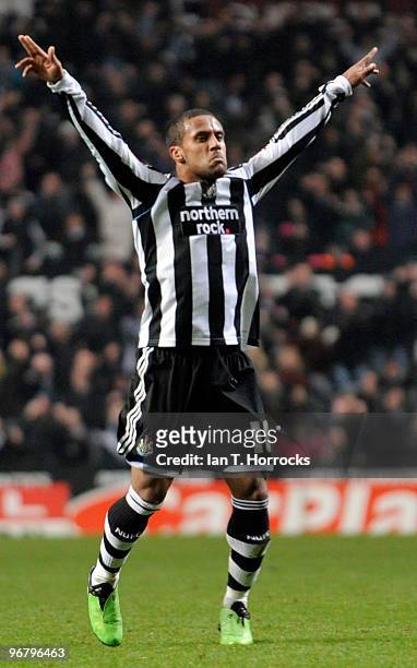 Wayne Routledge of Newcastle United celebrates scoring the equalizing goal during the Coca-Cola championship match between Newcastle United and...