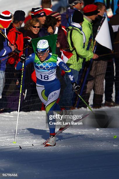 Aino-Kaisa Saarinen of Finland competes during the Women's Individual Sprint C Qualification on day 6 of the 2010 Vancouver Winter Olympics at...