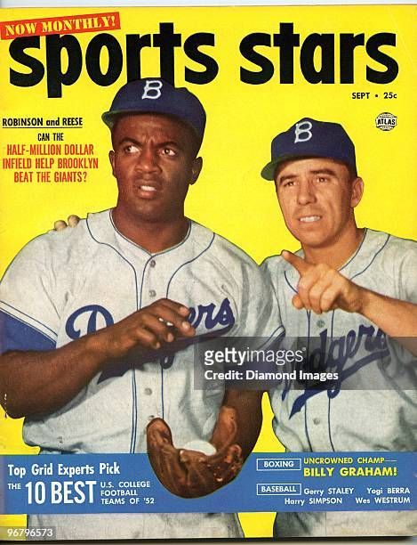 Jackie Robinson and Harold "Pee Wee" Reese of the Brooklyn Dodgers are pictured on the front cover of the September, 1952 issue of Sports Stars...