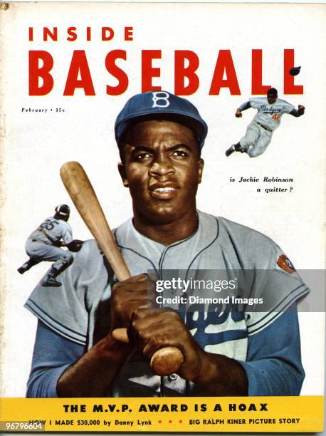 Two color images of Jackie Robinson of the Brooklyn Dodgers graces the front cover of Inside Baseball magazine in February, 1953 published by Weider...