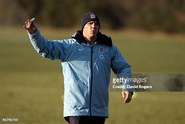Brian Smith, the England attack coach, issues instructions during the England training session held at Wellington College on February 17, 2010 in...