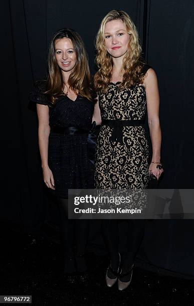 Designer Michelle Smith and actress Julia Stiles pose backstage at the Milly By Michelle Smith Fall 2010 Fashion Show during Mercedes-Benz Fashion...