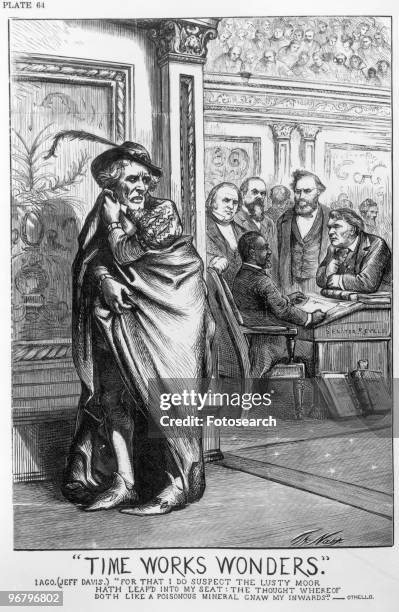 Political cartoon with Jefferson Davis peering at a black senator with caption 'TIME WORKS WONDERS', circa 1850s