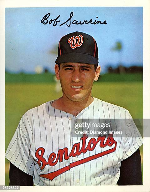 X 7" color portrait from Dexter Press with a facsimile signature of infielder Bob Saverine of the Washington Senators taken during Spring Training in...
