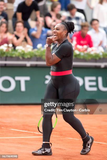 June 2. French Open Tennis Tournament - Day Seven. Serena Williams of the United States celebrates her win against Julia Goerges of Germany on Court...