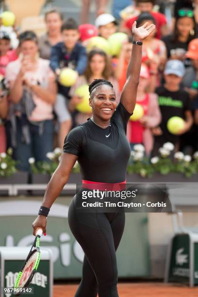 June 2. French Open Tennis Tournament - Day Seven. Serena Williams of the United States celebrates her win against Julia Goerges of Germany on Court...