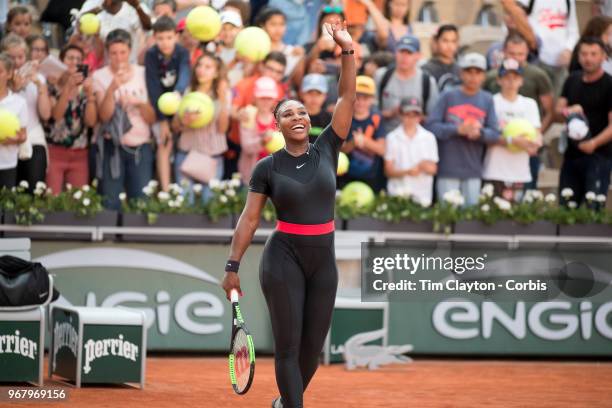 June 2. French Open Tennis Tournament - Day Seven. Serena Williams of the United States celebrates her win against Julia Goerges of Germany on Court...