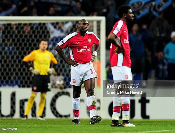 Sol Campbell of Arsenal looks dejected after his pass back to goalkeeper Lukasz Fabianski is given an indirect freekick which Falcao of Porto score...