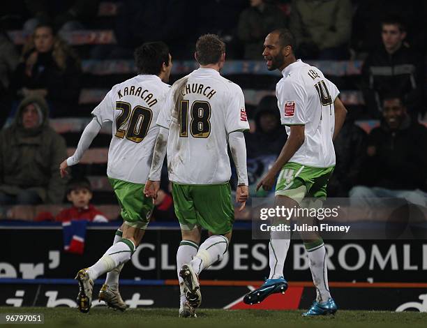 Jimmy Kebe of Reading celebrates scoring his team's second goal during the Coca-Cola Championship match between Crystal Palace and Reading at...