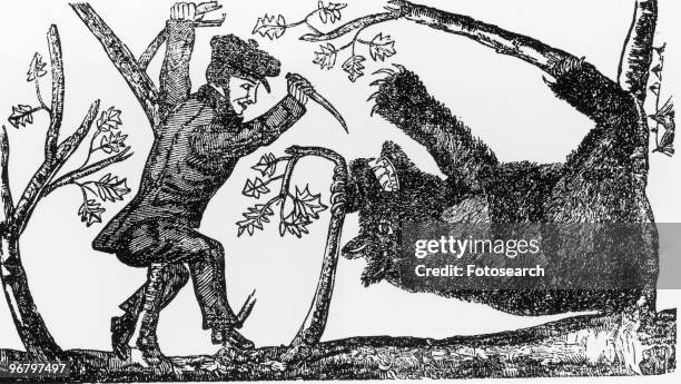 Illustration of Davy Crockett killing a bear, circa 1800s. .