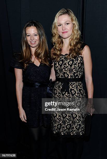 Designer Michelle Smith and actress Julia Stiles pose backstage at the Milly By Michelle Smith Fall 2010 Fashion Show during Mercedes-Benz Fashion...