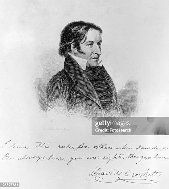 Illustrated portrait of Davy Crockett with caption 'I leave this rule for others when I am dead Be always sure you are right, then go a head', circa...