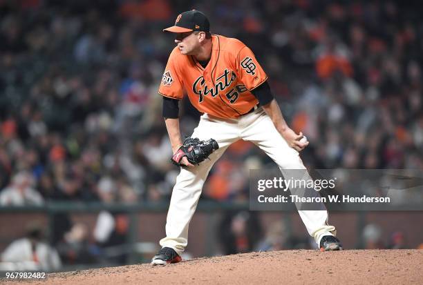 Tony Watson of the San Francisco Giants pitches against the Philadelphia Phillies in the top of the seventh inning at AT&T Park on June 1, 2018 in...