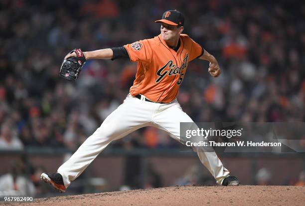 Tony Watson of the San Francisco Giants pitches against the Philadelphia Phillies in the top of the seventh inning at AT&T Park on June 1, 2018 in...