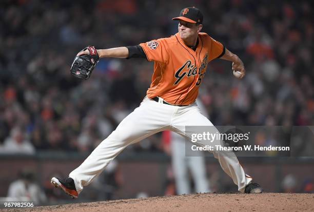 Tony Watson of the San Francisco Giants pitches against the Philadelphia Phillies in the top of the seventh inning at AT&T Park on June 1, 2018 in...