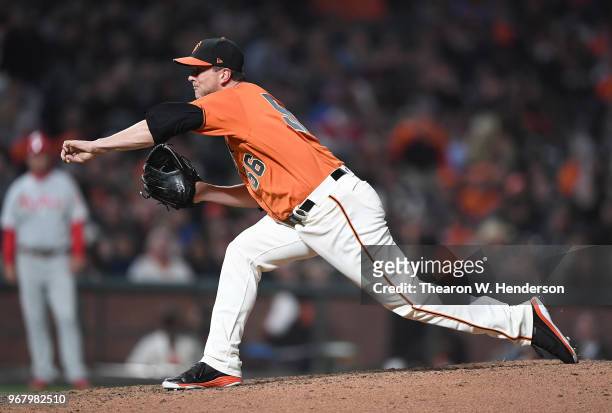 Tony Watson of the San Francisco Giants pitches against the Philadelphia Phillies in the top of the seventh inning at AT&T Park on June 1, 2018 in...