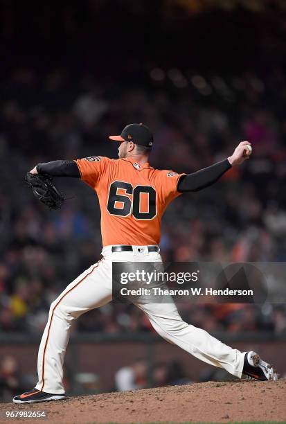 Hunter Strickland of the San Francisco Giants pitches against the Philadelphia Phillies in the top of the ninth inning at AT&T Park on June 1, 2018...