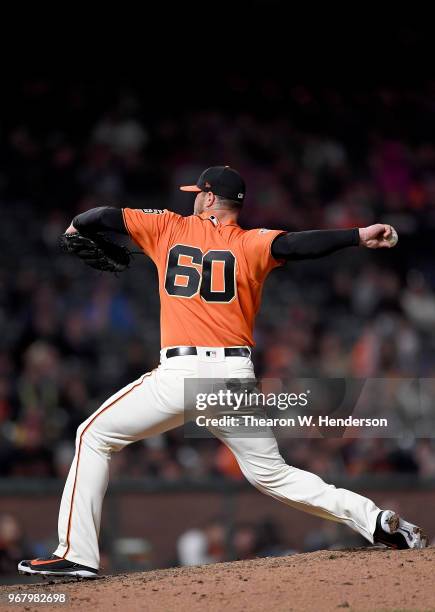 Hunter Strickland of the San Francisco Giants pitches against the Philadelphia Phillies in the top of the ninth inning at AT&T Park on June 1, 2018...