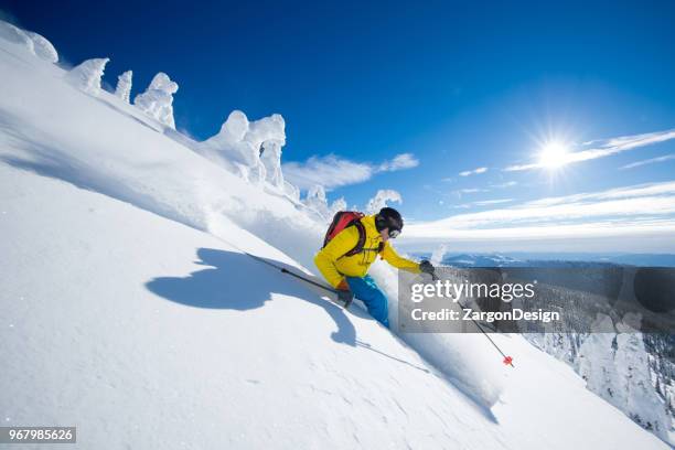 skifahren im pulverschnee - extremskifahren stock-fotos und bilder