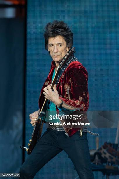 Ronnie Wood of The Rolling Stones performs live on stage at Old Trafford on June 5, 2018 in Manchester, England.