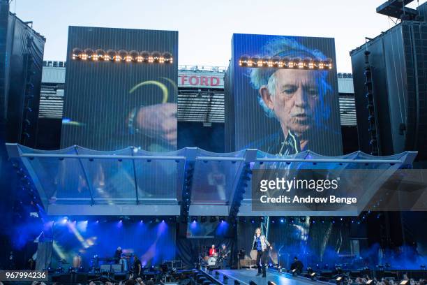 Ronnie Wood, Charlie Watts, Mick Jagger and Keith Richards of The Rolling Stones perform live on stage at Old Trafford on June 5, 2018 in Manchester,...