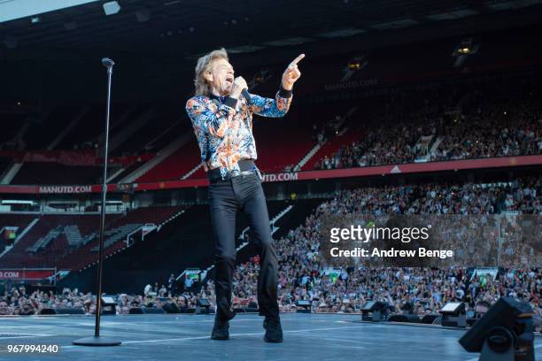 Mick Jagger of The Rolling Stones performs live on stage at Old Trafford on June 5, 2018 in Manchester, England.