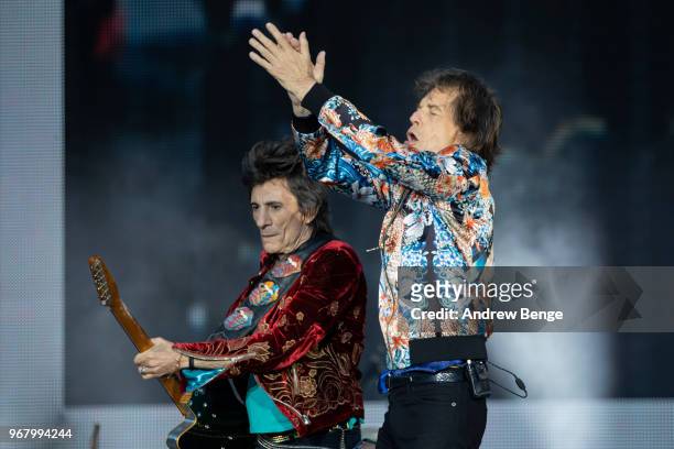 Ronnie Wood and Mick Jagger of The Rolling Stones perform live on stage at Old Trafford on June 5, 2018 in Manchester, England.