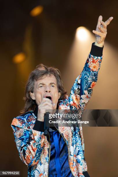 Mick Jagger of The Rolling Stones performs live on stage at Old Trafford on June 5, 2018 in Manchester, England.