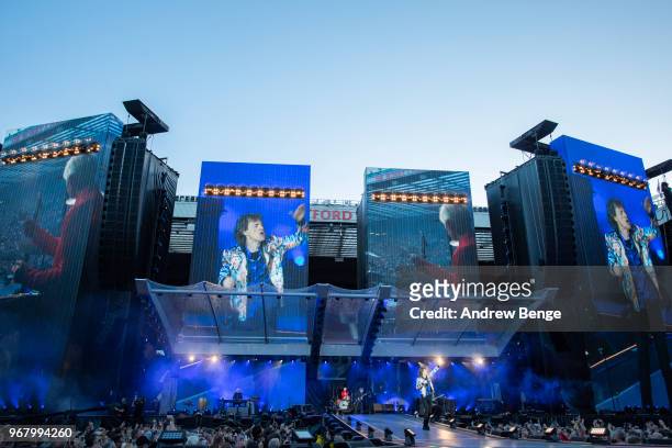 Ronnie Wood, Charlie Watts, Mick Jagger and Keith Richards of The Rolling Stones perform live on stage at Old Trafford on June 5, 2018 in Manchester,...